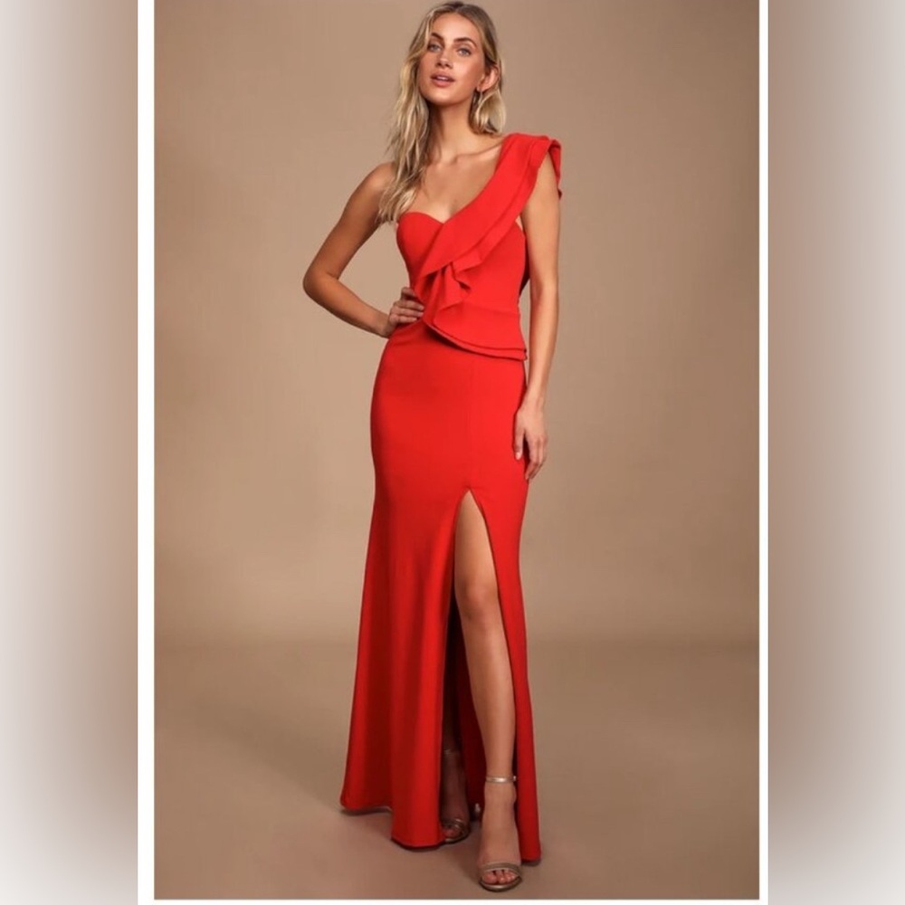 Lulu's Red Kiss Me Again Formal Maxi Gown with Asymmetric Ruffles & Slit